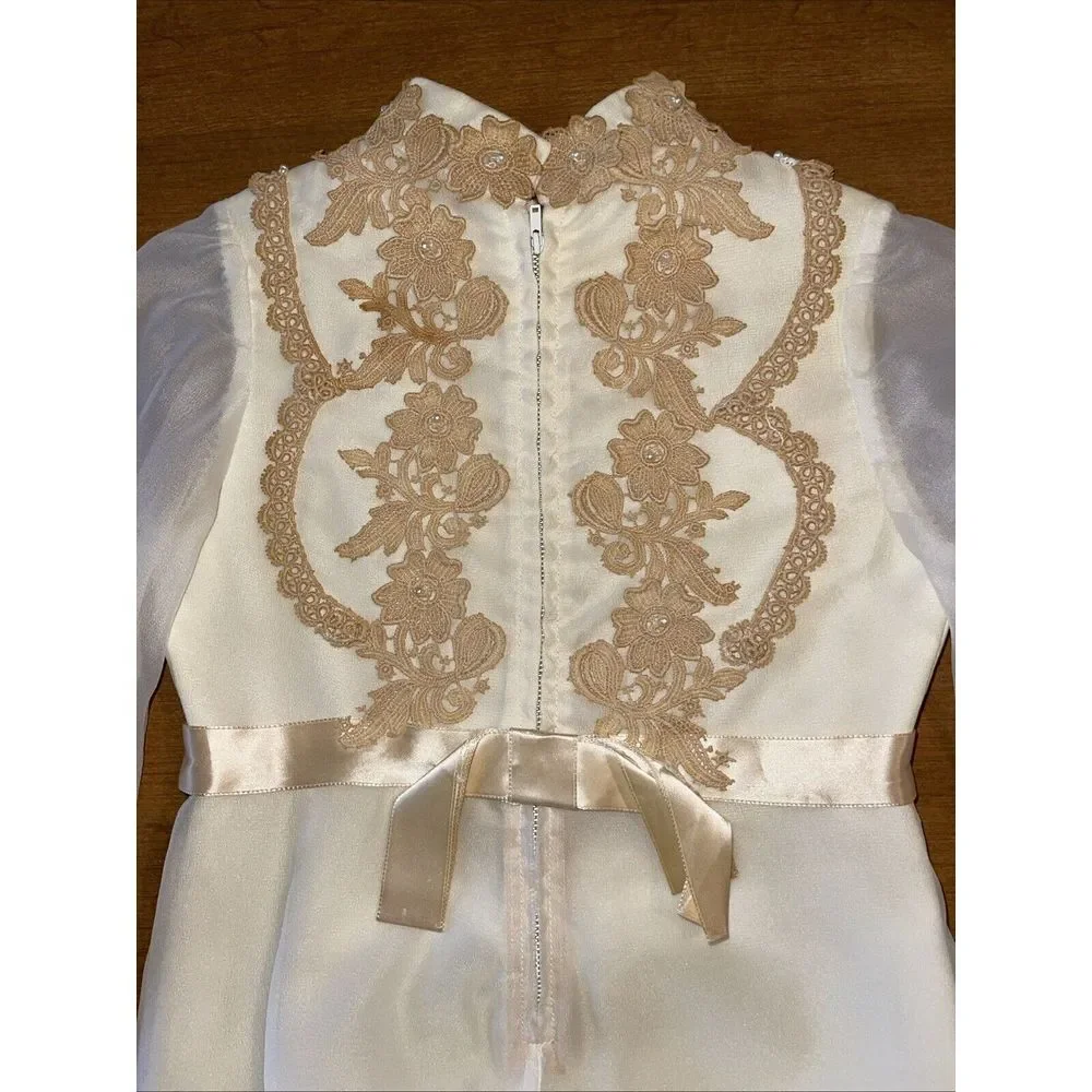 Handmade Vintage Dress Girls‎ 10 Yellowing Cottage Core Lace Wedding Pearls